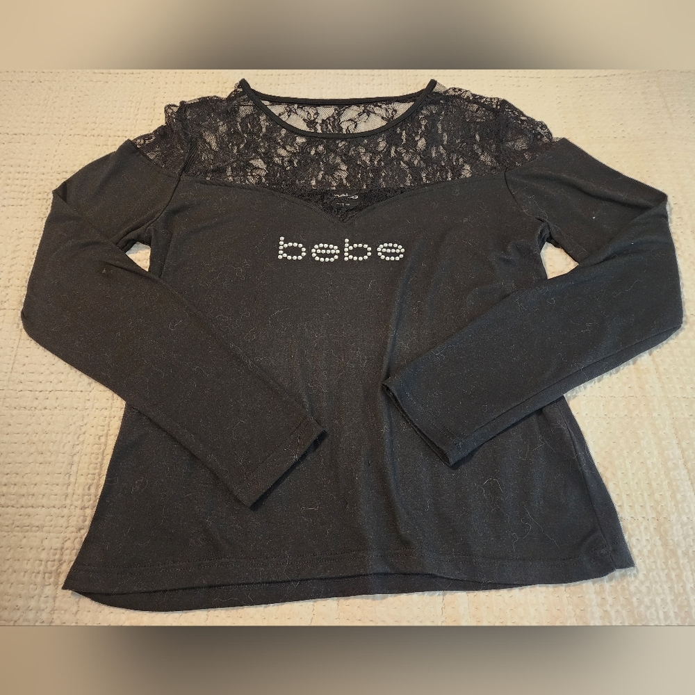bebe Black Lace Yoke Long Sleeve Top with Rhinestone Logo Size XL Y2K Goth
